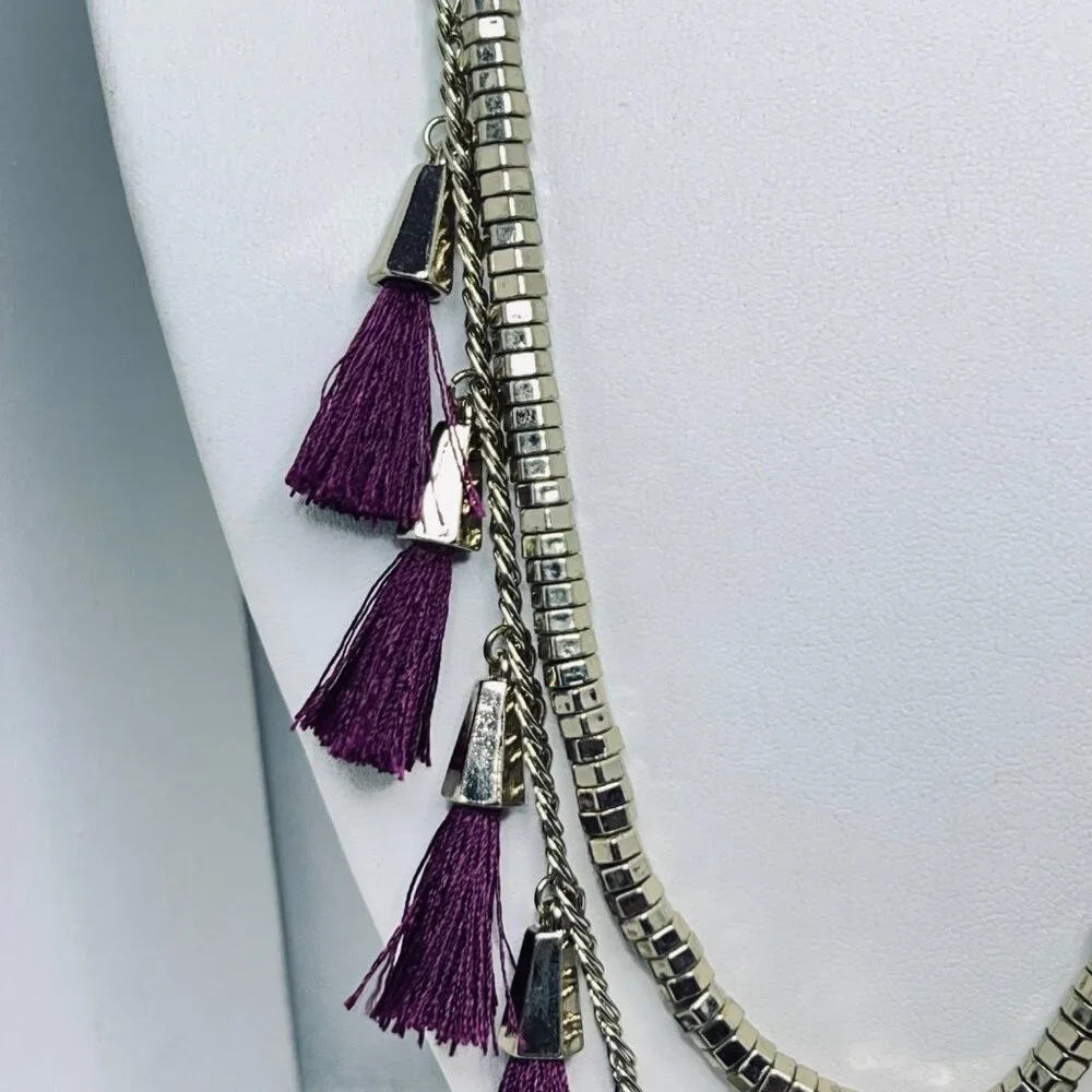 Double Strand Gold Tone Curb Chain Statement Necklace With Purple Tassels (5452) - Picture 2 of 8